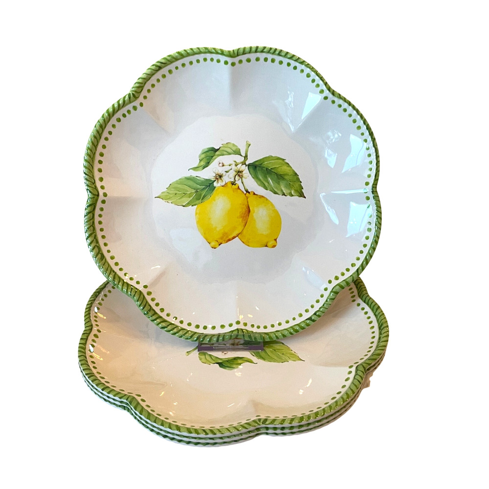 Soho Loft Melamine Dinner Plates 11in LEMONS Scalloped Fluted Edge Set of 4 NEW